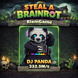 Puede incluir: Ilustración digital que promociona "Steal a Brainrot" de RiemGame. La imagen presenta un personaje DJ Panda pixelado con auriculares y una mesa de mezclas. El fondo incluye una escena de cementerio espeluznante con una casa embrujada y murciélagos.