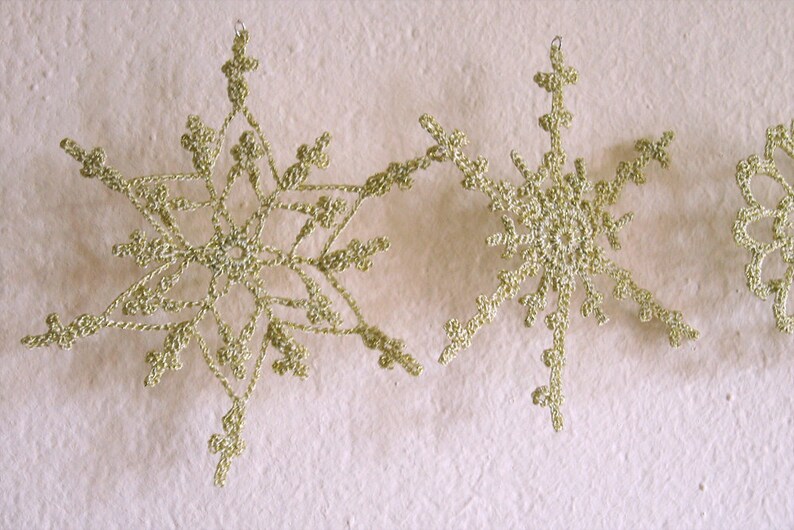 Crochet snowflakes ,Golden snowflakes,Crochet Christmas Decoration 6 Lacy snowflakes image 1