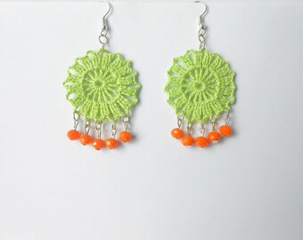 Lime green crochet earrings whit orange pearls - hand crochet lime green earrings  -unique accessory for her