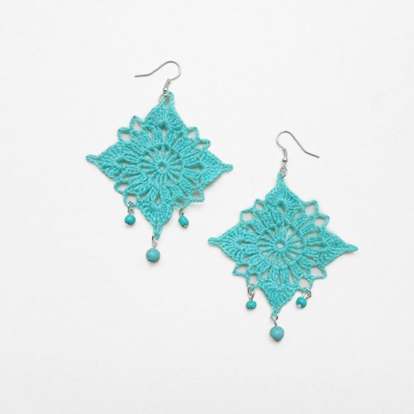 Turquoise  crochet earrings -romantic hand crochet turquoise  earrings -unique accessory for her