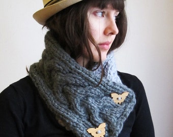 Knitted Scarf/ Dove gray collar/ Wool Collar with wooden butterfly/ Chunky Knitted Scarf/ Winter Woman Scarf/ Cowl Winter Accessory