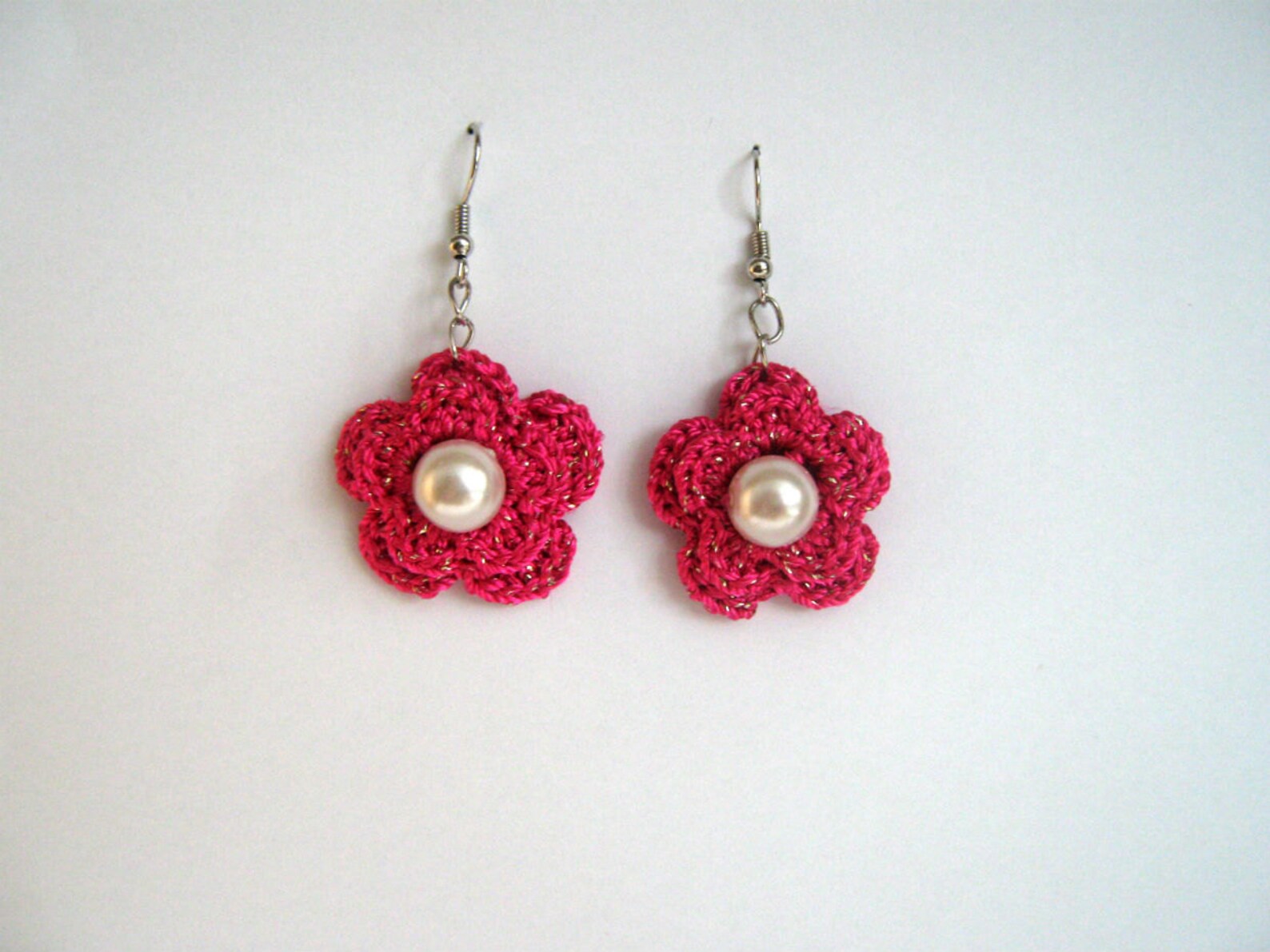 Pink Rose Crochet Earrings With a Glass Pearls Etsy