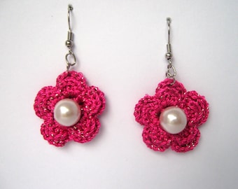 Pink rose Crochet Earrings with a glass pearls