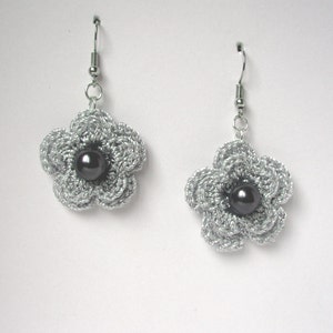 Silver Grey Crochet Earrings with a glass pearls image 3