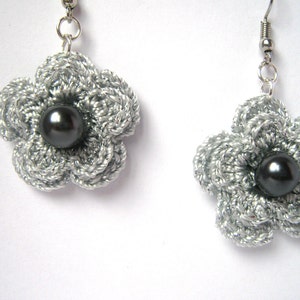 Silver Grey Crochet Earrings with a glass pearls image 1