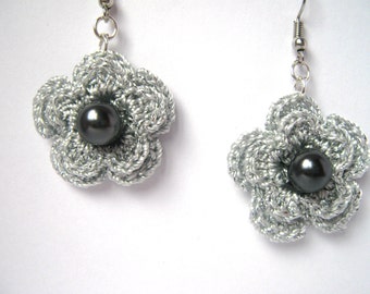 Silver Grey Crochet Earrings with a glass pearls