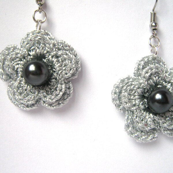 Silver Grey Crochet Earrings with a glass pearls