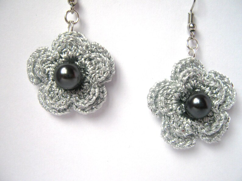 Silver Grey Crochet Earrings with a glass pearls image 1