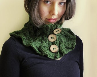 Knitted collar/ Hand knitted Wool Neckwarmer/  Olive Green
