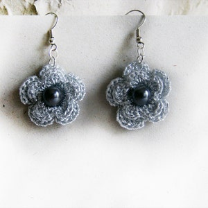 Silver Grey Crochet Earrings with a glass pearls image 2