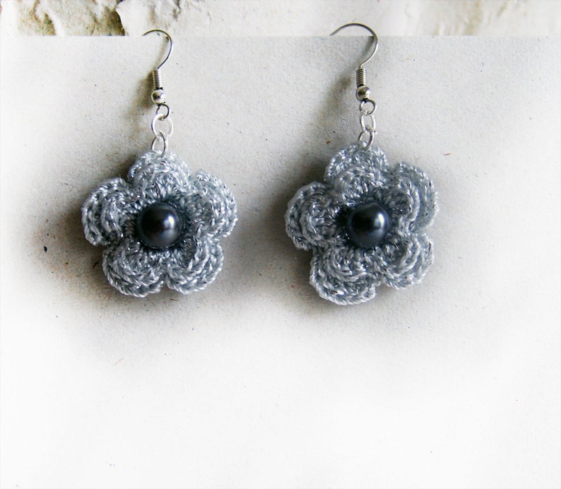 Silver Grey Crochet Earrings with a glass pearls image 2