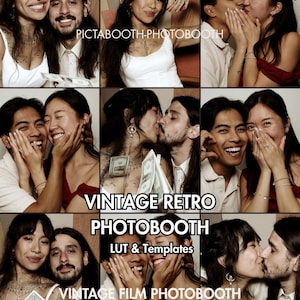 Puede incluir: Un collage de imágenes de fotomatón de estilo vintage con parejas. Las imágenes tienen una estética retro, con el texto "PICTABOOTH-PHOTOBOOTH", "VINTAGE RETRO PHOTOBOOTH LUT & Templates" y "VINTAGE FILM PHOTOBOOTH". Las imágenes incluyen parejas besándose y sonriendo.
