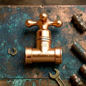 May include: A copper-coloured tap valve with a cross-shaped handle, marked with "1/2". It is surrounded by plumbing tools, including a spanner and nuts, on a weathered, blue-green surface. The image has a vintage aesthetic, evoking a sense of industrial design.