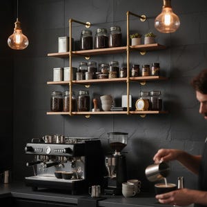 May include: A modern coffee station with a black espresso machine, grinder, and shelves filled with jars of coffee beans and accessories. The shelves are made of wood and supported by brass pipes, creating an industrial aesthetic. Warm lighting enhances the scene.