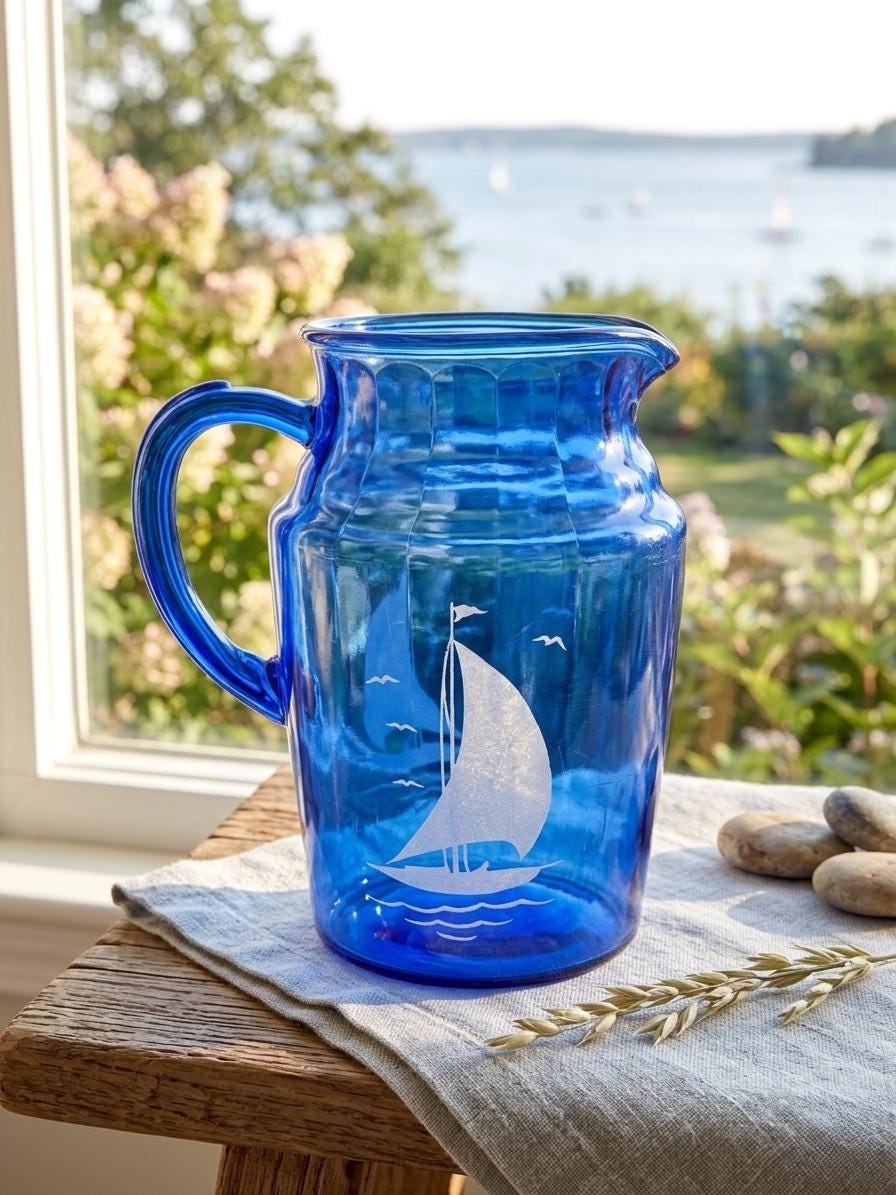 Vintage Blue Sailboat Pitcher - Etsy