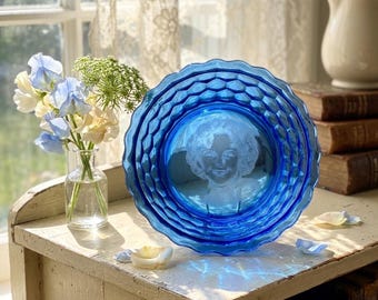 Vintage Shirley Temple Cobalt Blue Bowl Hazel Atlas 1930s Depression Glass Wheaties Premium Honeycomb Edge Collectible