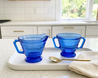 Vintage Hazel Atlas Moderntone Cobalt Blue Creamer Sugar Set, Art Deco Ribbed Glass