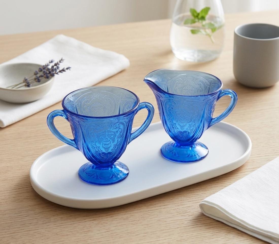 Pot à Biscuits Vintage Hazel Atlas Dentelle Royale – Bleu Cobalt Avec Couvercle – Occasion
