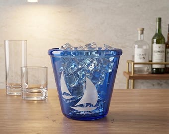 Vintage Hazel Atlas Cobalt Blue Ice Bucket: Sailboat Art Deco Nautical Barware