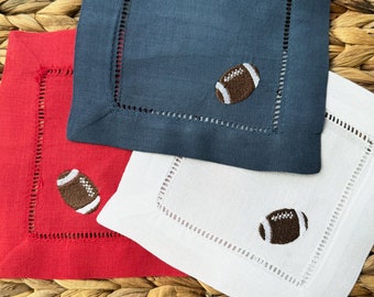 Football Linen Cocktail Napkins, Set of 4, Football cloth napkins
