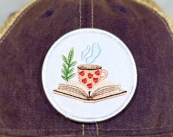 Coffee Book Stack Patch. Patch for hat, backpack or shoes. 2.5” circle patch, Book Lover gift, Adhesive back