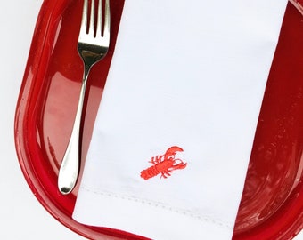 Lobster Cloth Napkins, Set of 4, Lobster embroidered cloth napkins, seafood boil napkins, lobster napkins, lobster boil party ideas