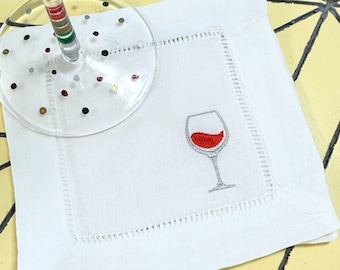 Wine Embroidered Cloth Cocktail Napkins, Set of 4, Wine Glass Linen cocktail napkins