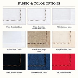 a collection of fabric and color options for a table runner, including White Hemstitch Linen, White Hemmed Linen, White Canvas Cotton, White Natural Beige Linen, Ivory Hemstitch Linen, Black Hemstitch Linen, Navy Hemstitch Linen, and Red Hemstitch Linen.