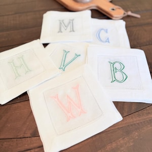 Baroque Monogrammed Cocktail Napkins, Set of 4, Embroidered Linen Cocktail Cloth Napkins image 7