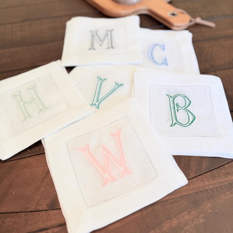 Baroque Monogrammed Cocktail Napkins, Set of 4, Embroidered Linen Cocktail Cloth Napkins image 7