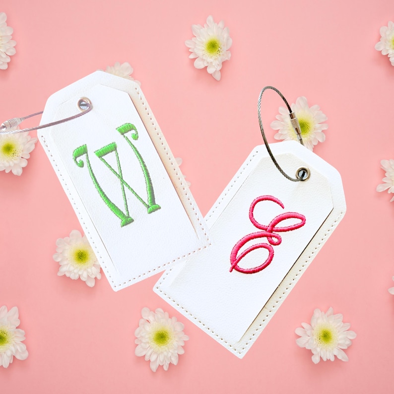 Monogrammed Luggage Tag, Embroidered Suitcase Tag Vegan Leather with Steel Loop Wire image 7