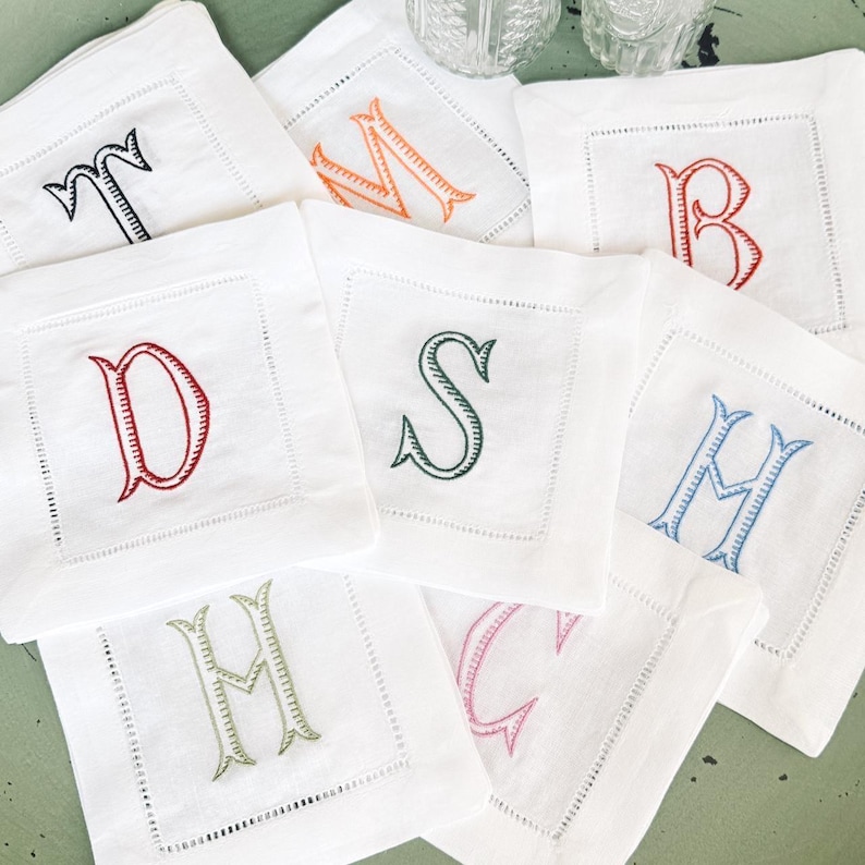 Baroque Monogrammed Cocktail Napkins, Set of 4, Embroidered Linen Cocktail Cloth Napkins image 2