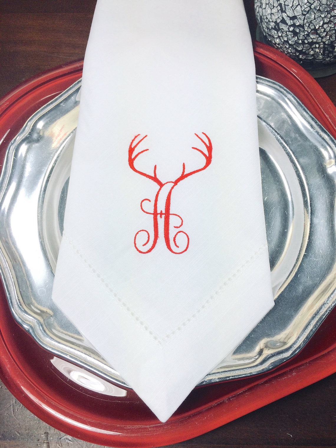 Deer Antler Monogrammed Embroidered Cloth Napkins Set of 4 Etsy