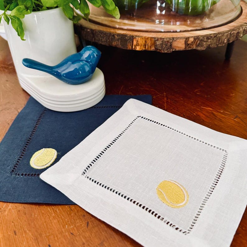 WhiteTulipEmbroidery Tennis Linen Cocktail Napkins - Thumbnail 4