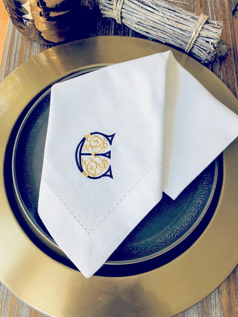 Scroll Monogrammed Embroidered Cloth Napkins, Set of 4, embroidered linens, cotton linens, custom napkins, wedding linens, personalized image 2