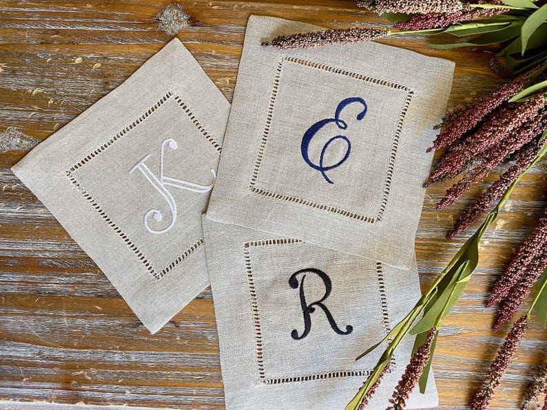 Natural Beige Monogrammed Linen Cocktail Napkins, Set of 4, beige Cocktail Cloth Napkins, Natural Linen cocktail napkins, linen napkins image 5