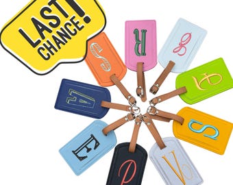 Monogrammed Embroidered Luggage Tag, Suitcase Tag Textured Vegan Leather