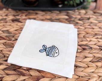 Fish Linen Cocktail Napkins, Set of 4, Lake cloth napkins