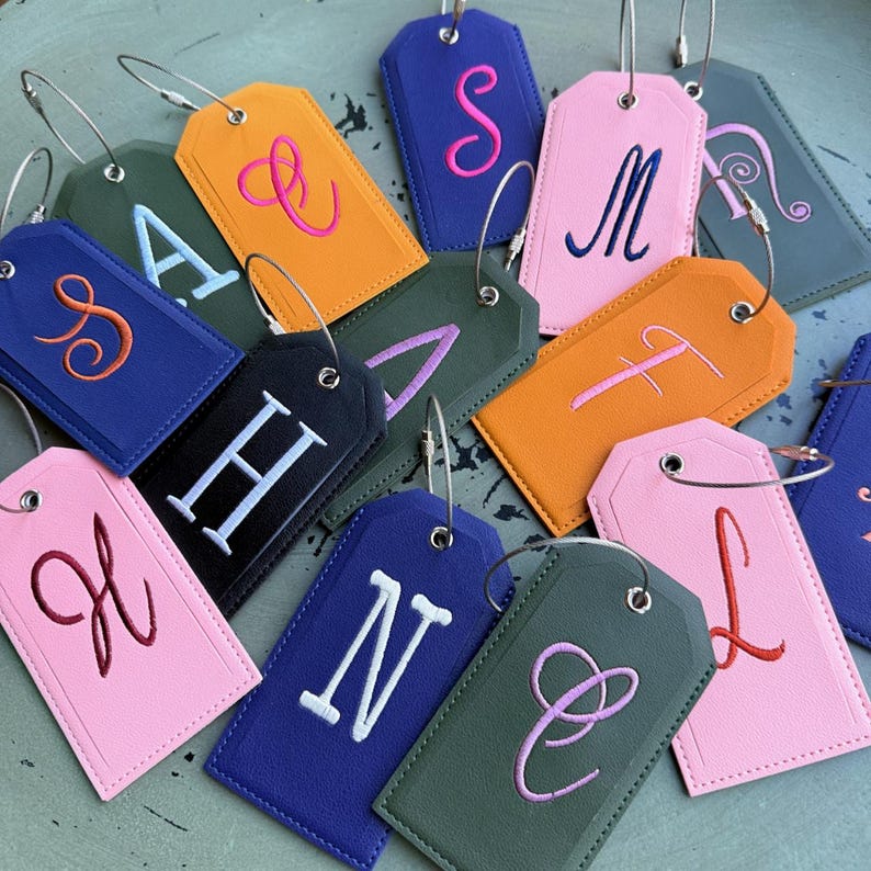 Monogrammed Luggage Tag, Embroidered Suitcase Tag Vegan Leather with Steel Loop Wire image 15