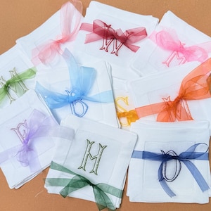 Baroque Monogrammed Cocktail Napkins, Set of 4, Embroidered Linen Cocktail Cloth Napkins image 5
