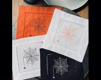 Halloween Spider Web Cocktail Napkins, Set of 4, Halloween Cocktail Cloth Napkins, Linen cocktail napkins,  Spider cocktail Napkins