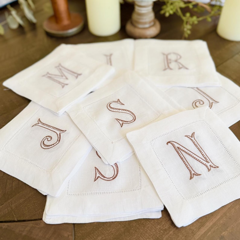 Baroque Monogrammed Cocktail Napkins, Set of 4, Embroidered Linen Cocktail Cloth Napkins image 17