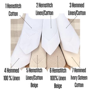 various types of linen napkins, including cotton, linen/cotton, and beige linen/cotton, with labels indicating the number of Hemstitch stitches used in each type.