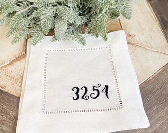 Custom House Number Embroidered Linen Cocktail Napkins, Zip code Personalized Housewarming Gift, Zipcode New Home Napkins