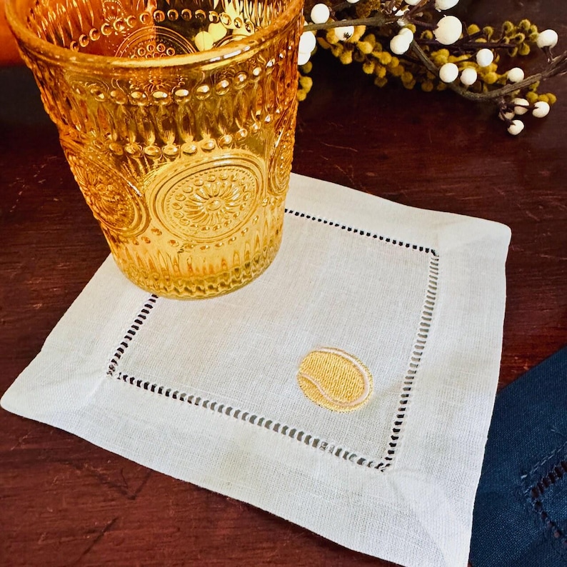 WhiteTulipEmbroidery Tennis Linen Cocktail Napkins - Thumbnail 3