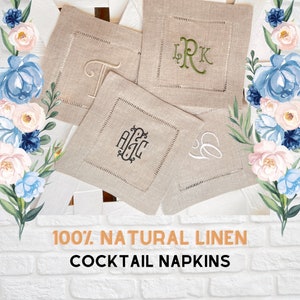 Natural Beige Monogrammed Linen Cocktail Napkins, Set of 4, beige Cocktail Cloth Napkins, Natural Linen cocktail napkins, linen napkins