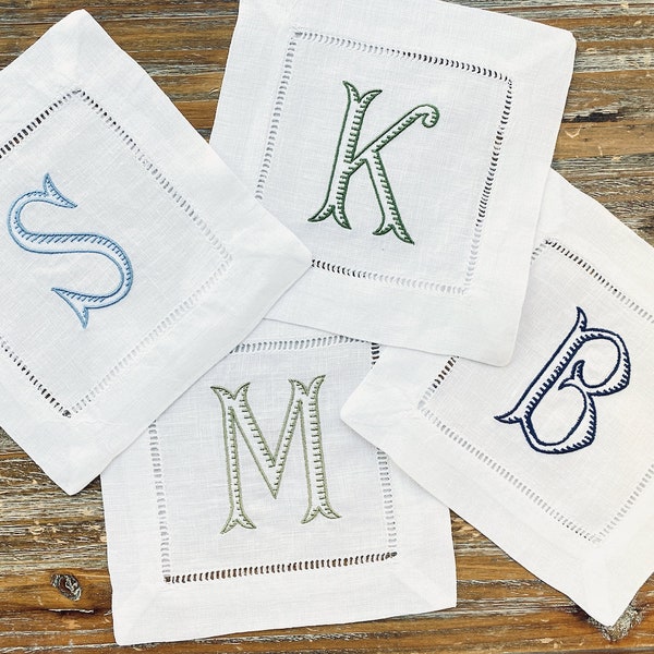 Baroque Monogrammed Cocktail Napkins, Set of 4, Embroidered Cocktail Cloth Napkins, Linen cocktail napkins, linen cotton blend napkin