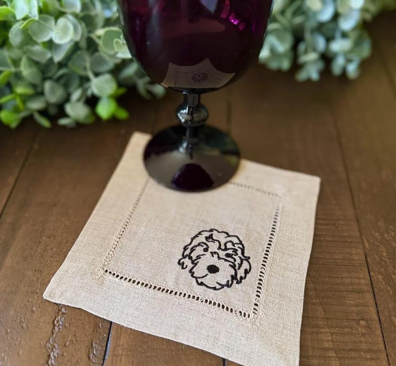 WhiteTulipEmbroidery Golden Doodle Dog Linen Embroidered Cocktail Napkins - Thumbnail 3