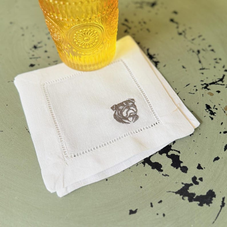 WhiteTulipEmbroidery Bulldog Embroidered Cocktail Napkins