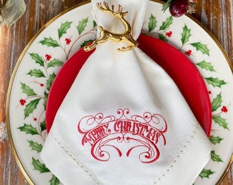 Merry Christmas Cloth Napkins, Set of 4, Christmas napkins, Christmas Dinner Napkins, Christmas Embroidered Napkins, Merry Christmas Napkins